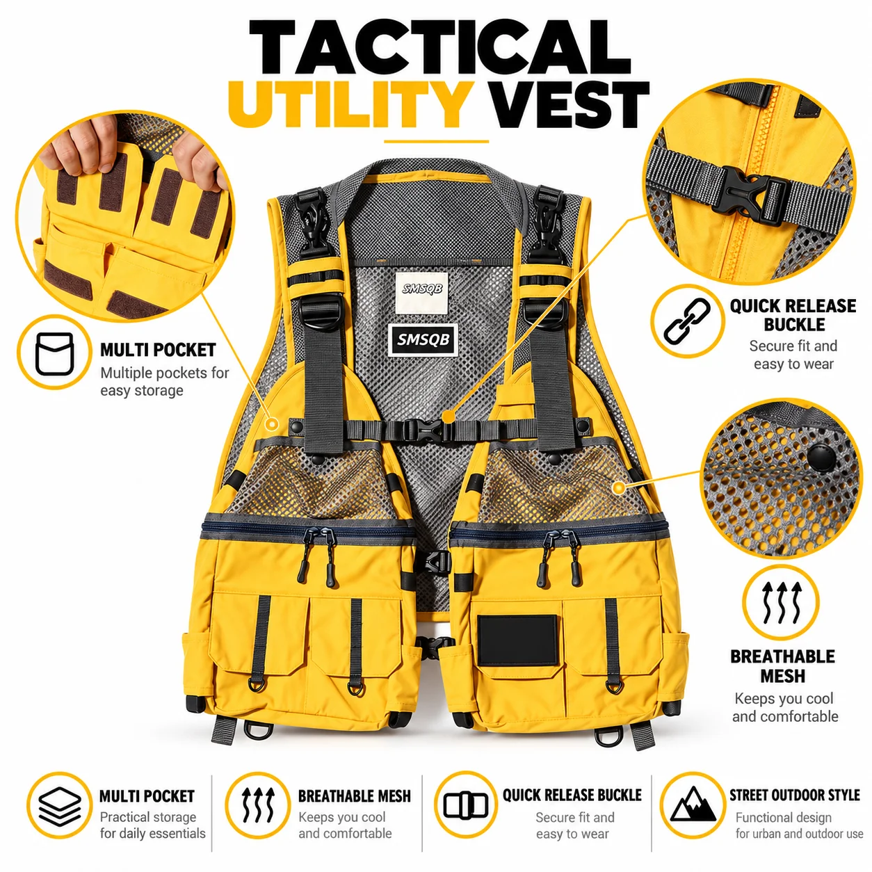 Unisex Cycling Utility Vest Multi Pocket Breathable Mesh Cargo Waistcoat with Adjustable Straps for Hiking Camping Travel