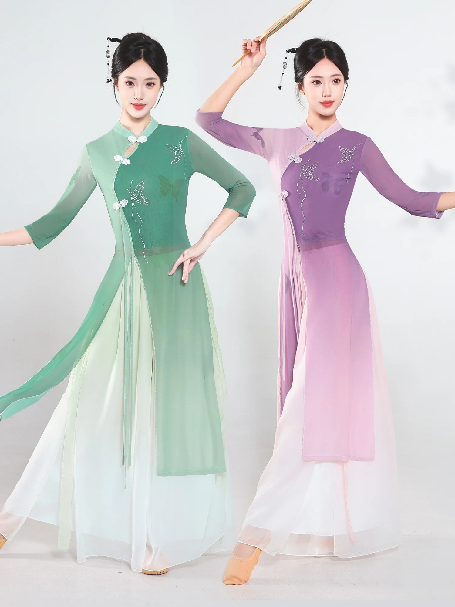 Elegant Gradient Dance Costume Set for Women Adult Chinese Style   in Rainy Lane Ideal for Stage Performances
