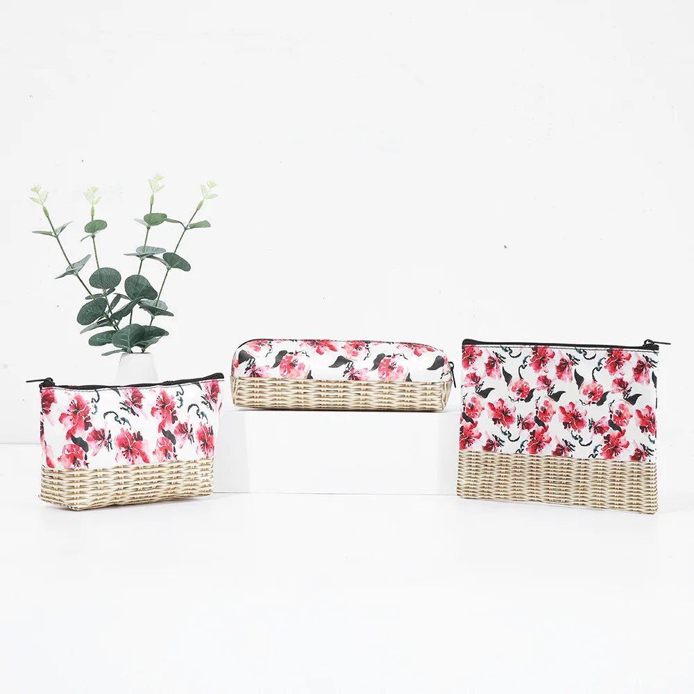 

Rattan Patchwork Cosmetic Bag Flower Printing Women Neceser Makeup Bag PVC Zipper Pouch Travel Toiletry Organizer Mujer Bolsa