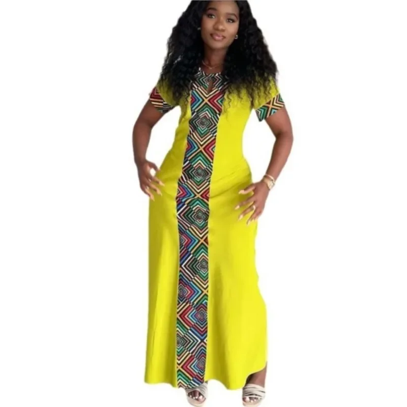 

Yellow Printed African Dresses For Women 2024 New Arrival Summer Fashion Hollow Stretch Short Sleeve Long Dress Ankara Robes