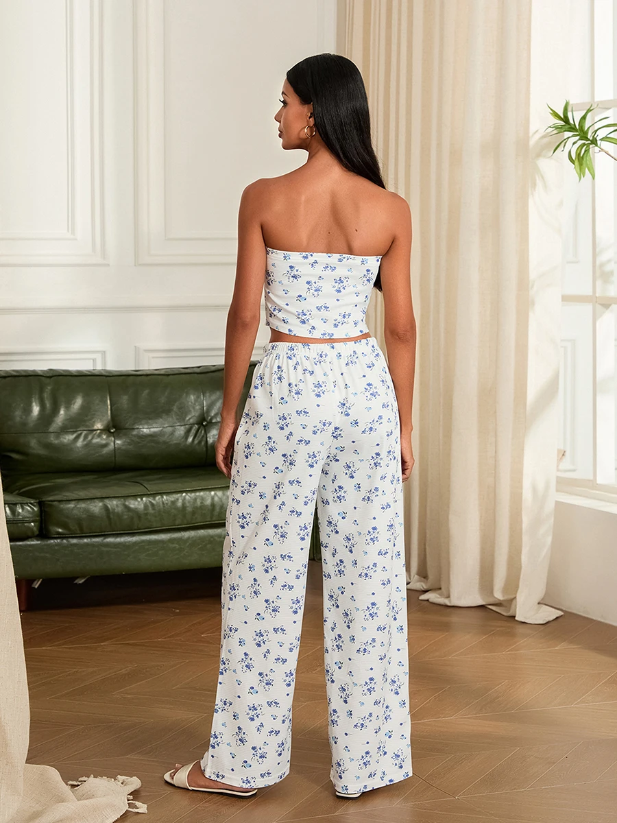 

Women s 2 Piece Casual Outfits Sleeveless Off Shoulder Floral Tube Tops Wide Leg Pants Sets