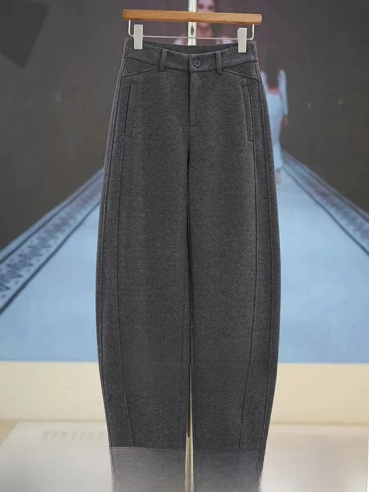 

Thickened Woolen Casual Pants for Women High Waist Straight Leg Sporty Trousers Commute Style Pure Color Korean Version