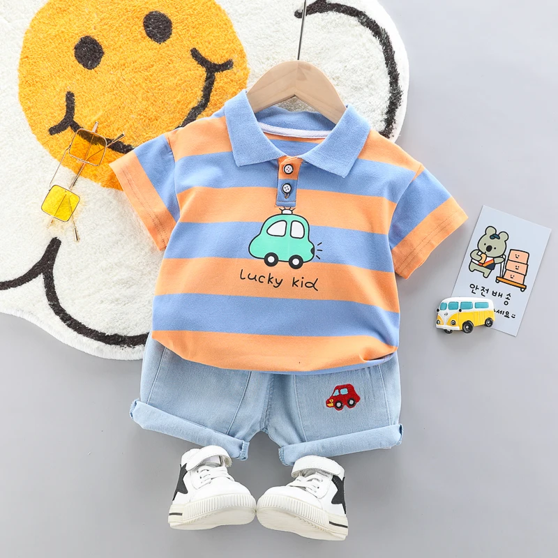 High-Quality Baby boys Polo Shirt + Handsome Denim Shorts 2-Piece Set kids girls clothes suits summer