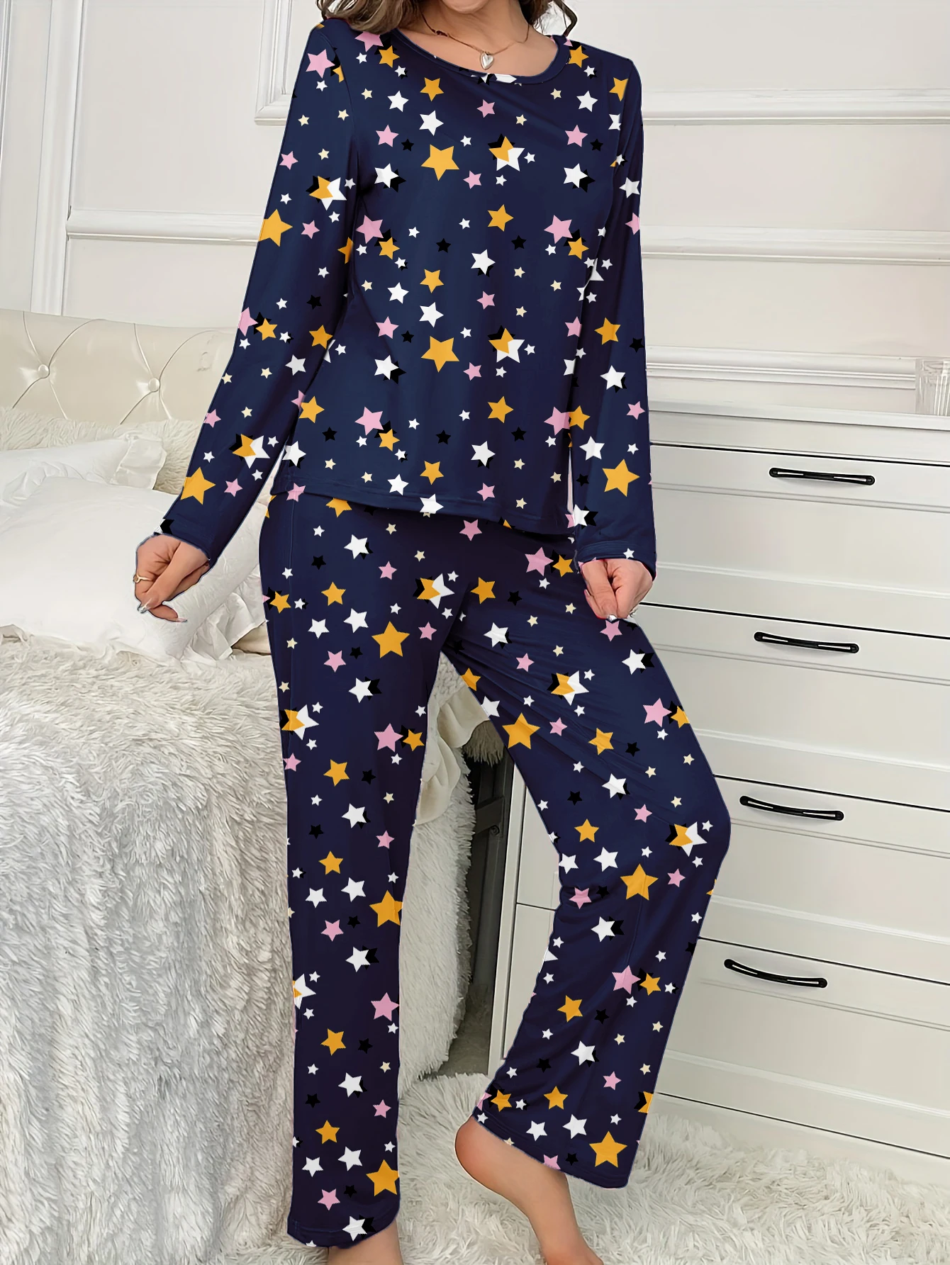 2-Piece Standard Size Women's Autumn and Winter Pajamas, Comfortable, Casual, Elegant and Cute Star Print Long-Sleeved