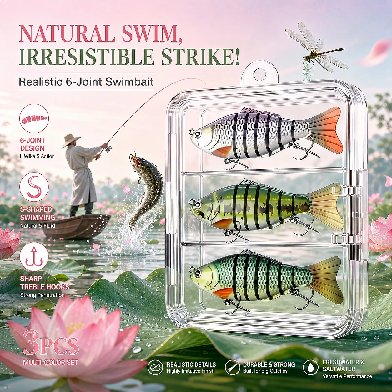 YQCCK 3 Pcs Full Sinking Multi Jointed Swimbaits S Shaped Angling Gear Durable ABS Wobbler Storage Box for Trout