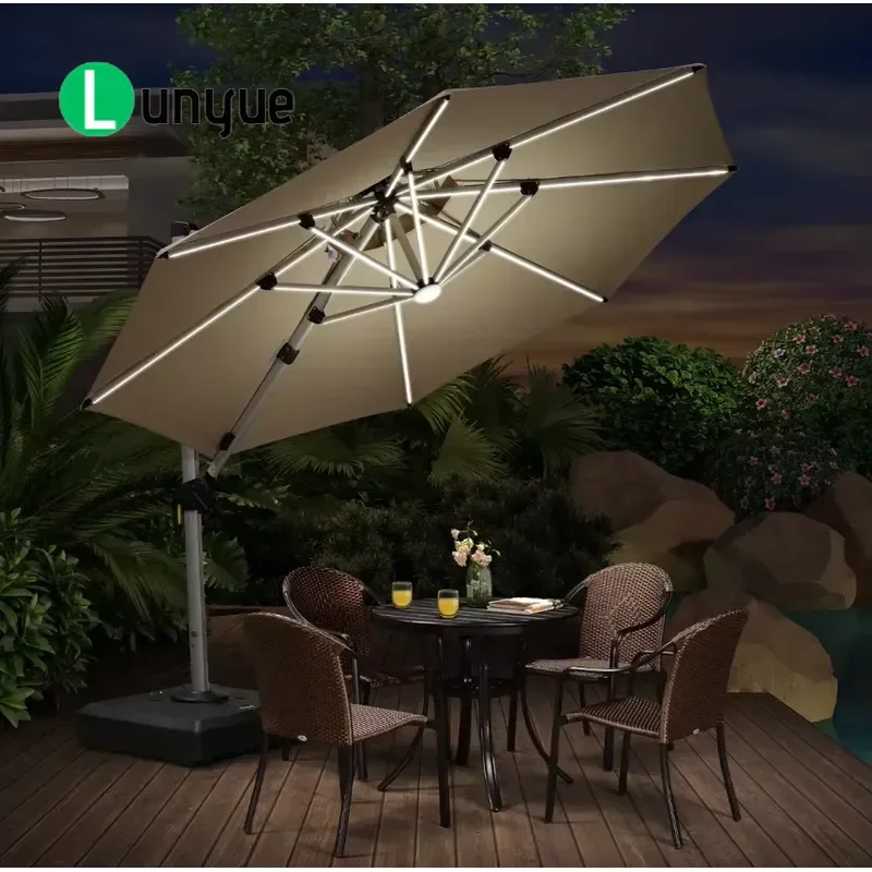 Round Roman Outdoor Umbrella Aluminum 8 Ribs Waterproof Sunshade with Replaceable Light Strip for Patio Garden Poolside