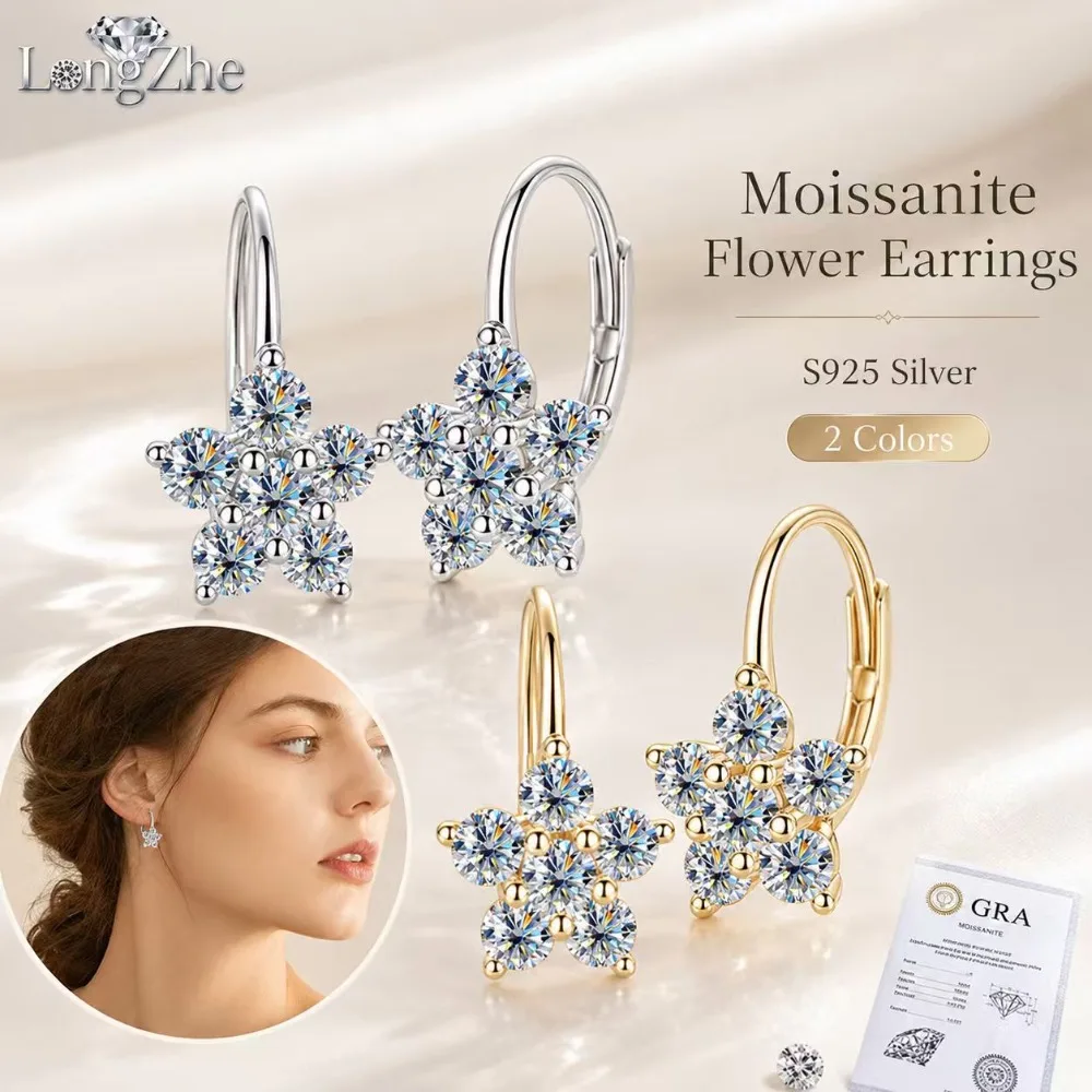 Moissanite Flower Hoop Earrings Women S925 Sterling Silver 0.6CT+0.6CT Snowflake Design Gold White Sweet Ear Jewelry Gift