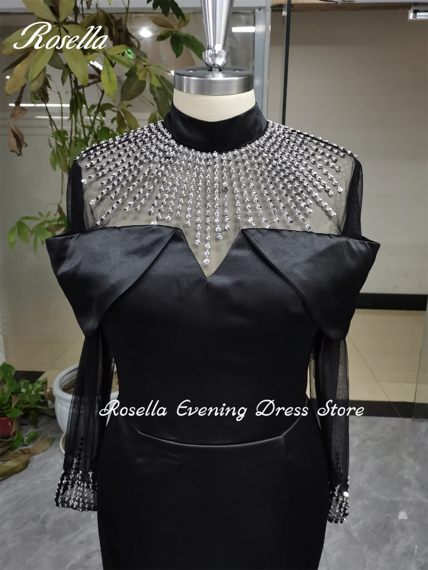 ROSELLA-Vestidos de noite com babados, pescoço alto, tornozelo, sereia, strass, vestido formal, Arábia Saudita, preto