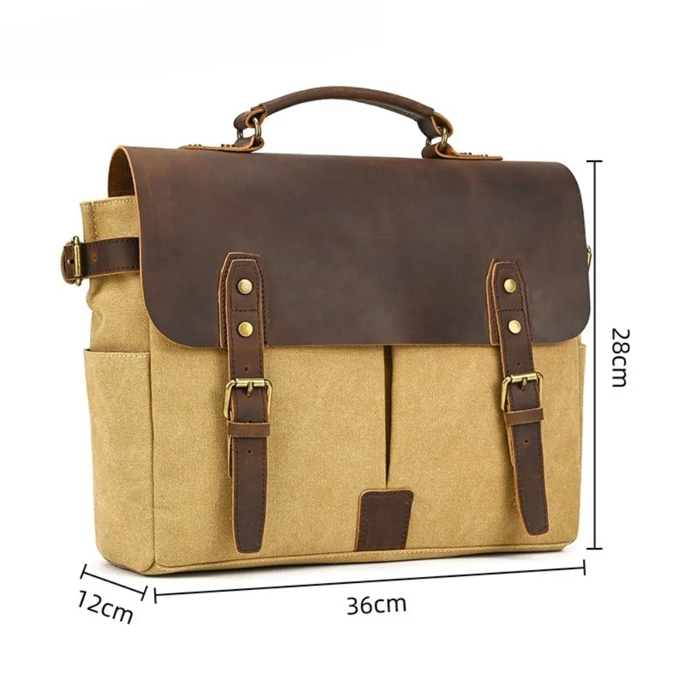 Men's Retro Canvas with Leather Handbag Leather Briefcase Versatile Simple Going Computer High Fashion Crossbody Shoulder Bag