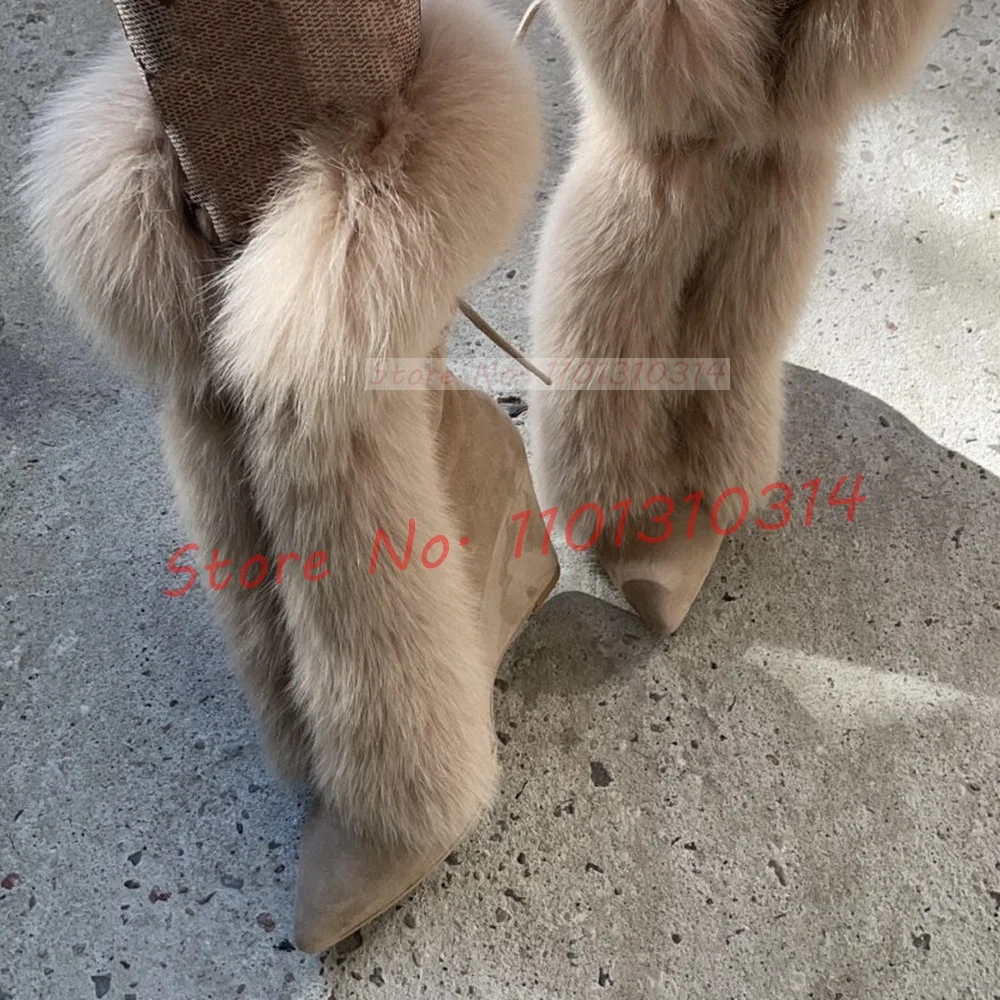 Fur Pointy Wedge Ankle Boots Ladies Newest Beige Rive Trim Lace-up Suede Heels Boots Women Luxury Stylish Big Size Furry Shoes