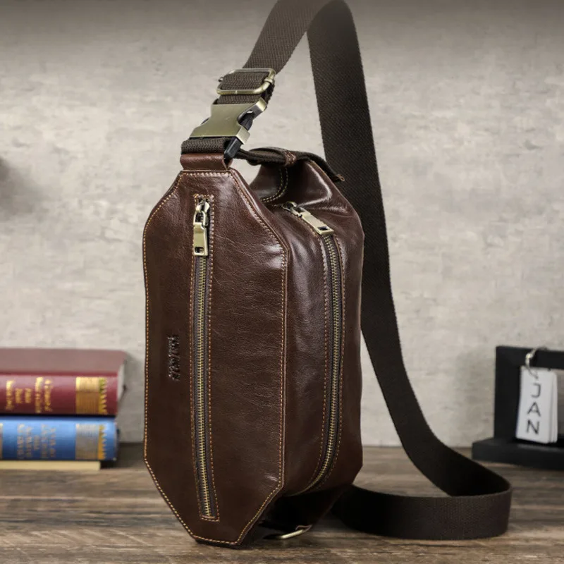 New Fashionable British Style Top Layer Cowhide Head Chest Genuine Leather Men Sports Crossbody Bag Trendy Brand Men's Waist Bag
