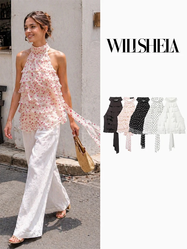 Willshela Women Fashion Ruffled Pleated Backless Lace Up Tops Vintage Halter Neck Sleeveless Female Chic Lady Tank Tops
