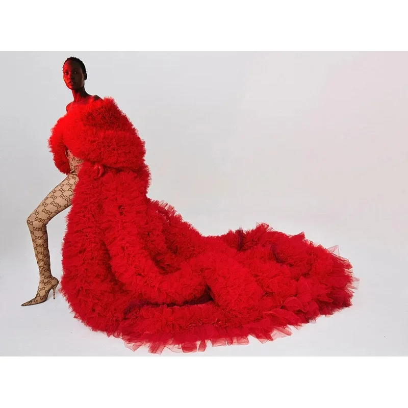 High Couture Tiered Lush Mesh Coat Women Robes Prom Gown with Sleeves Custom Made Red Ruffles Tulle Party Dresses Long Jacket