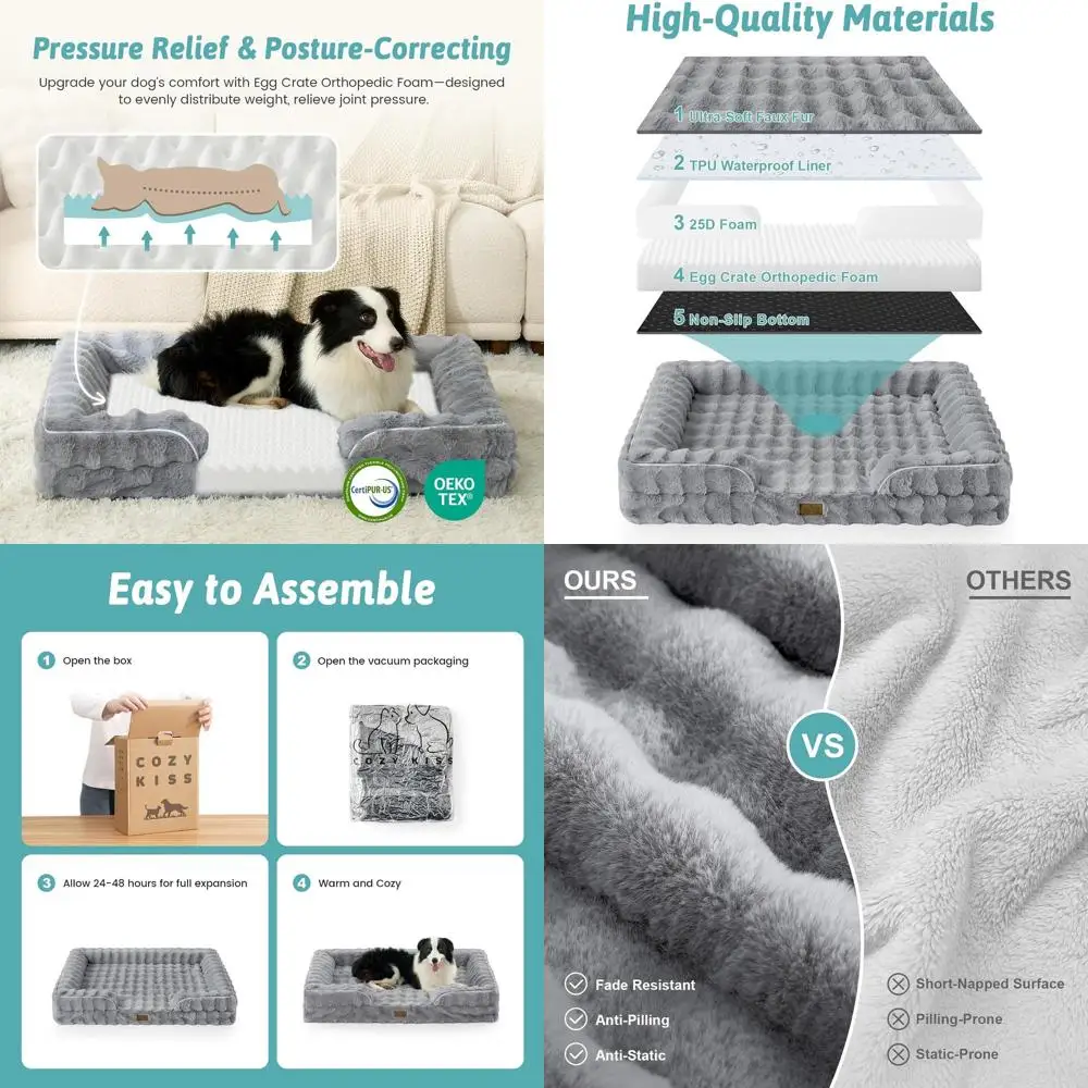 

Large Orthopedic Dog Bed, Plush Faux Fur Sofa for Pets up to 100 lbs, XL Anti-Slip Couch with Removable Cover, 44x32x7 inches, G