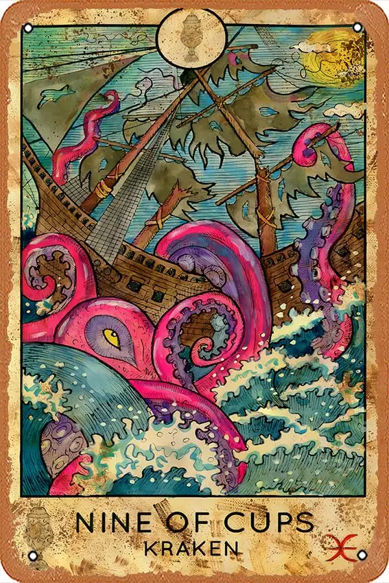 Nine Of Cups Kraken Vintage Tarot Card – Poster Retro Metal Sign Vintage Tin Sign for Bar Man Cave Cafe Office Home Wall Decor G