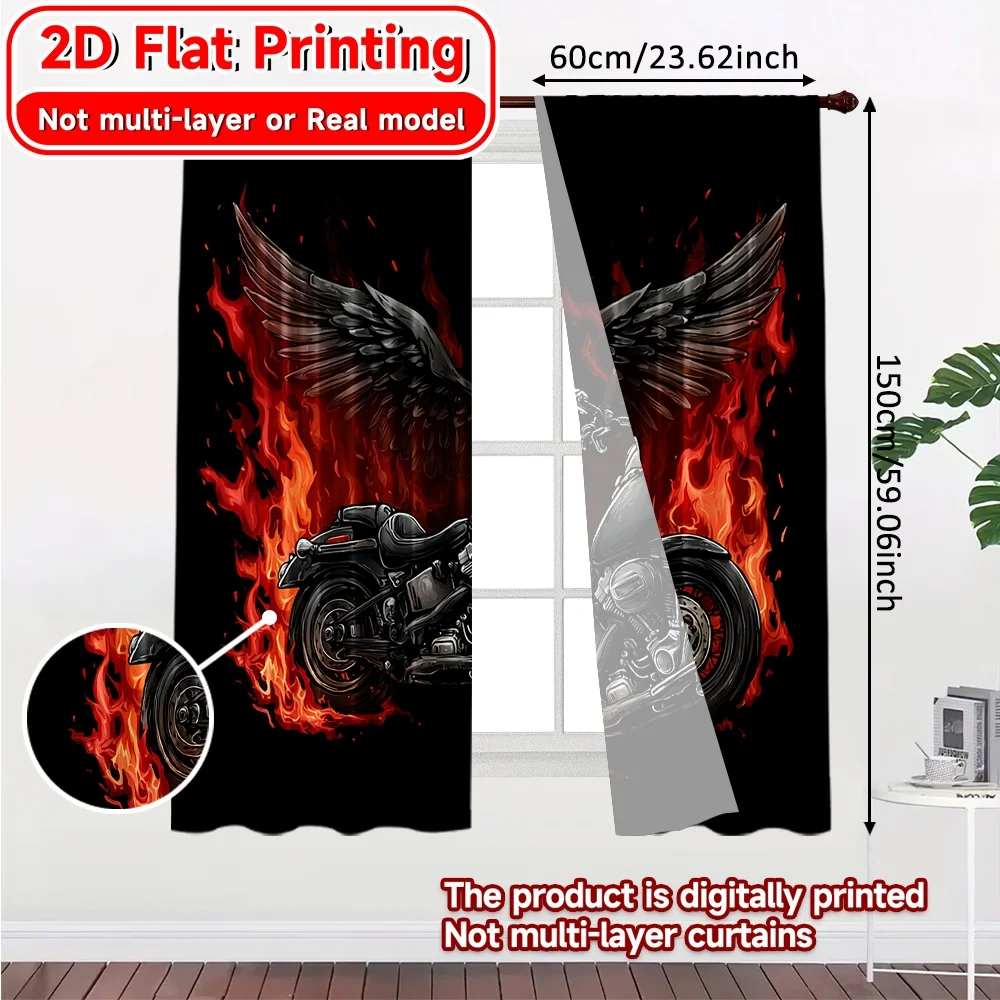 2D FLAT PRINTING 2pcs Curtains (Without Rod) Flames and Wings Motorcycle Design April Fools is Day holiday curtains with digital
