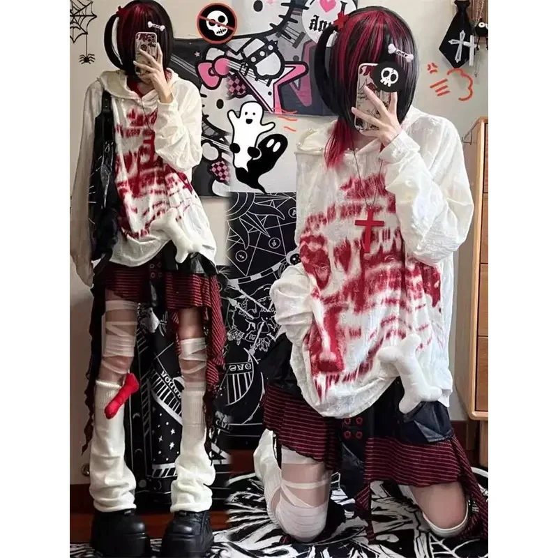 

Autumn Fashion Gothic Grunge Y2K Dark Punk Ripped Print Hoodies Women Loose Oversized Streetwear Hoodie