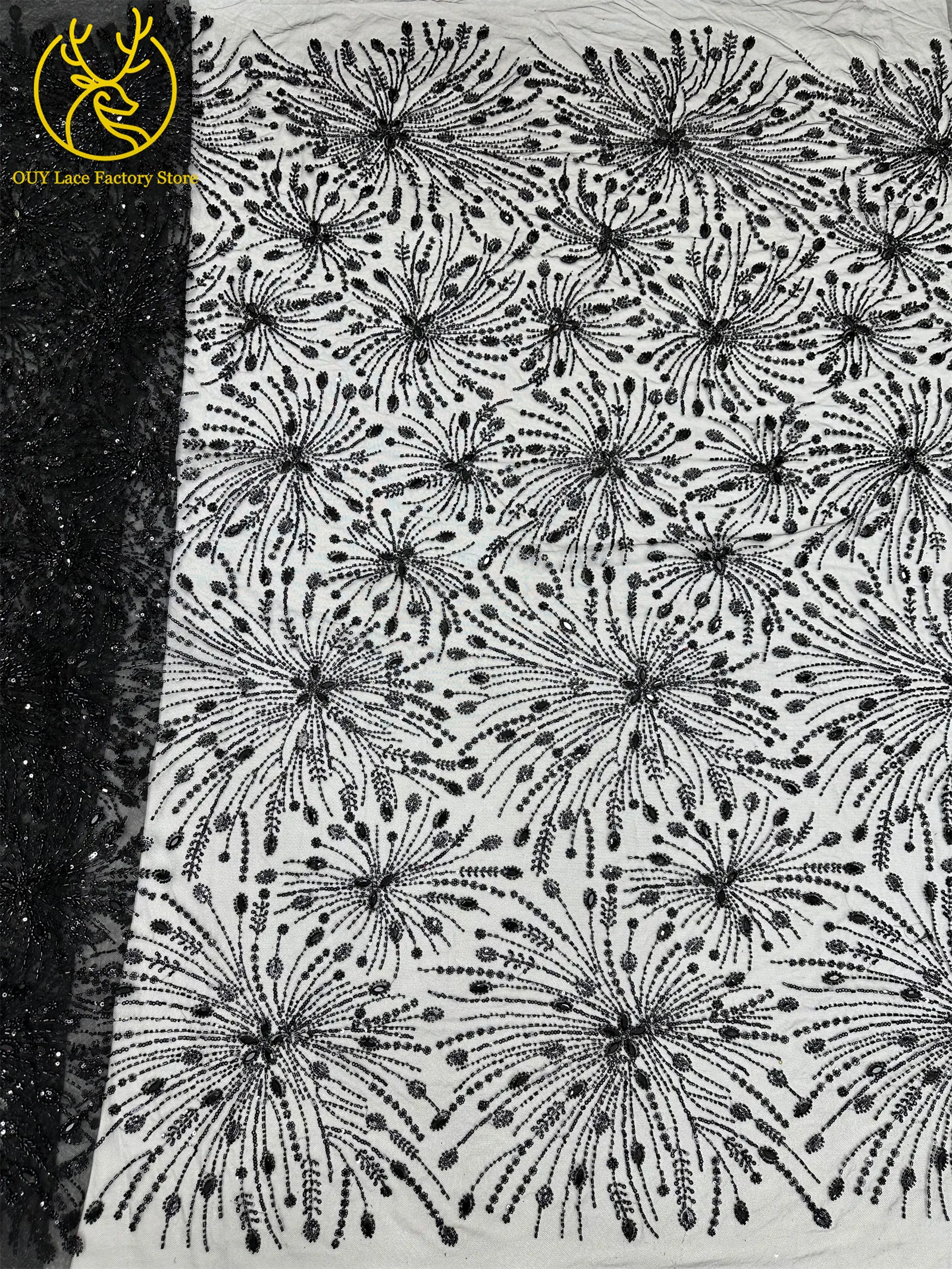 Goldene französische Edelstein-Perlenstickerei-Spitze, hochwertige nigerianische Mesh-Pailletten-Tüllspitze, afrikanischer Spitzenstoff für Damenkleider – Detail 15