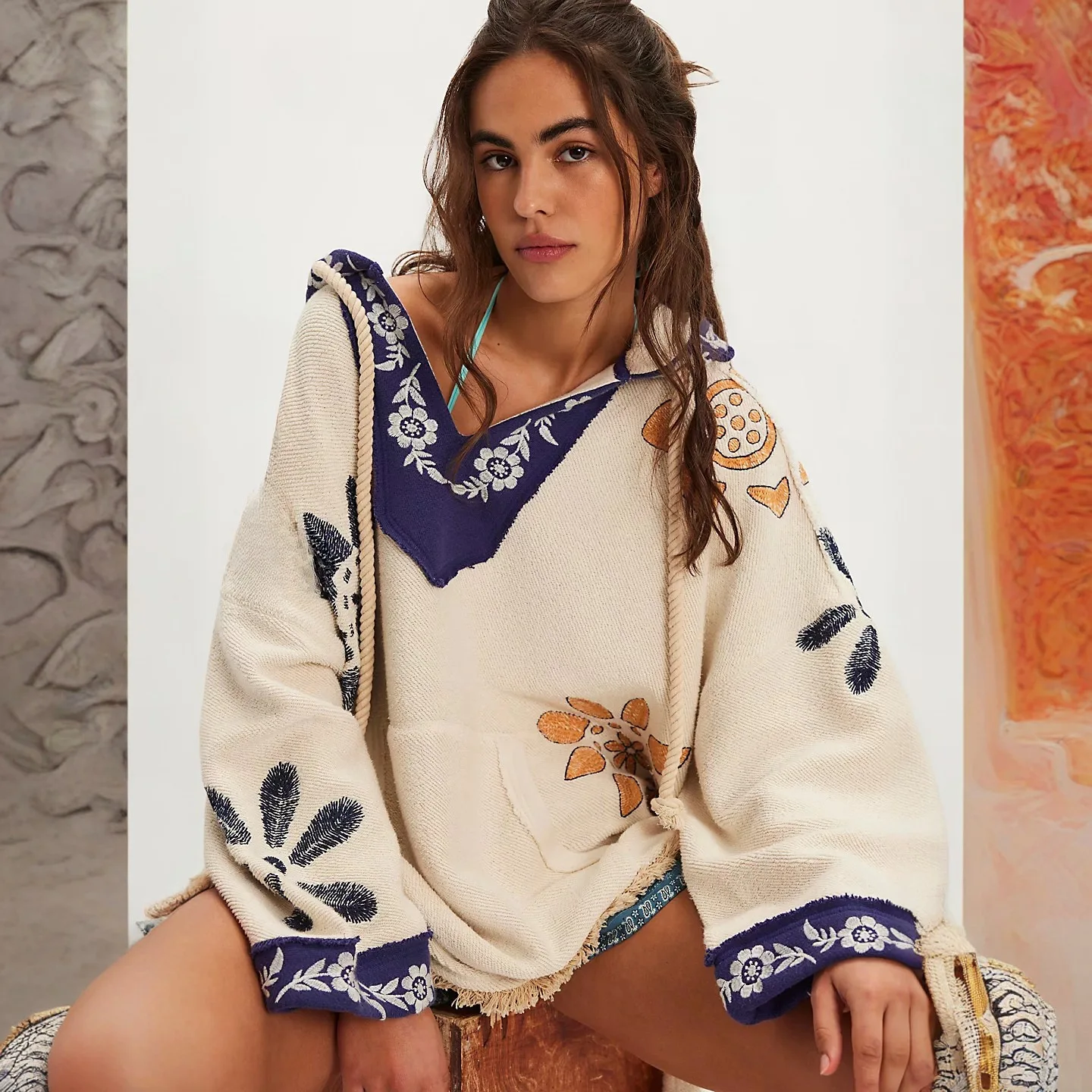 

Oversize Loose Floral Embroidery Knitted Hoodies for Women Tops Vintage Long Sleeve Sweatshirt Autumn Casual Side Slit Hooded