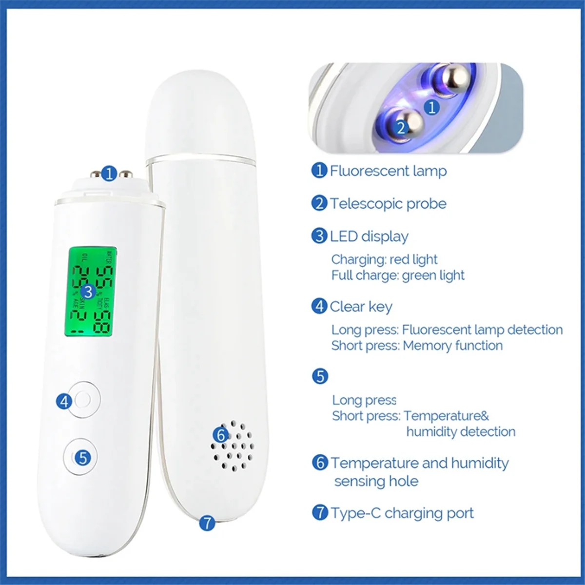 Testeur intelligent d'humidité de la peau, testeur d'eau et d'huile, écran LCD, humidimètre de la peau du visage, détecteur d'agent structurels ent