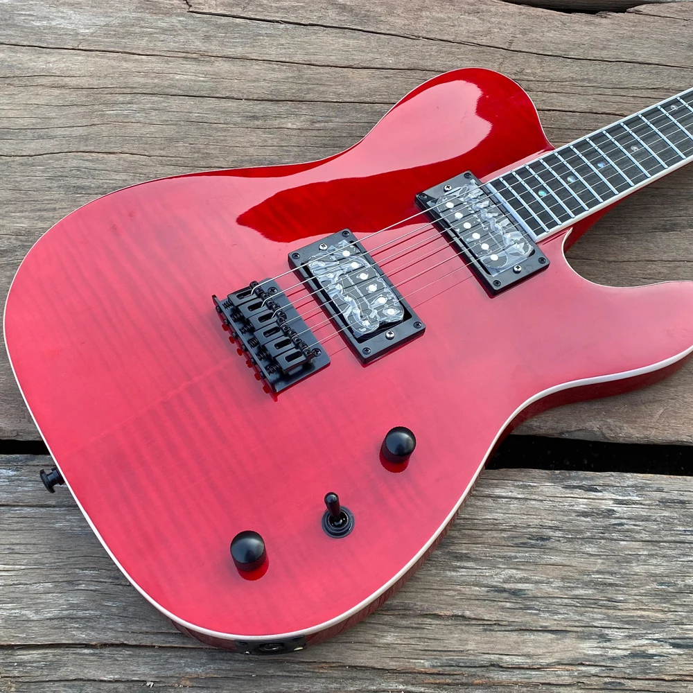 

Electric Guitar Set in Neck Red Flame Maple Top Stainless Steel Frets Black Hardware Abalone Dots Inlays Mahogany Guitarra
