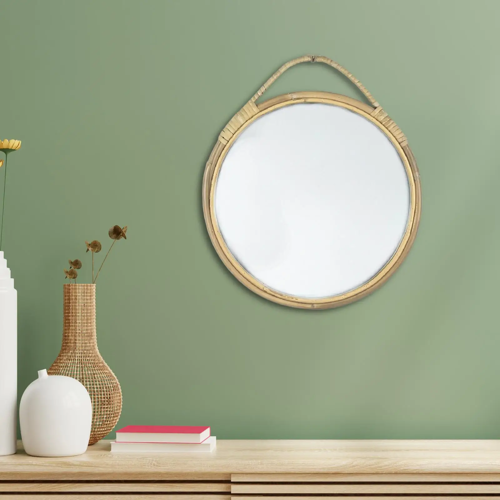 Miroir mural rond avec cadre en rotin, 11 pouces, rond, pour salon, salle de bain, chambre à coucher