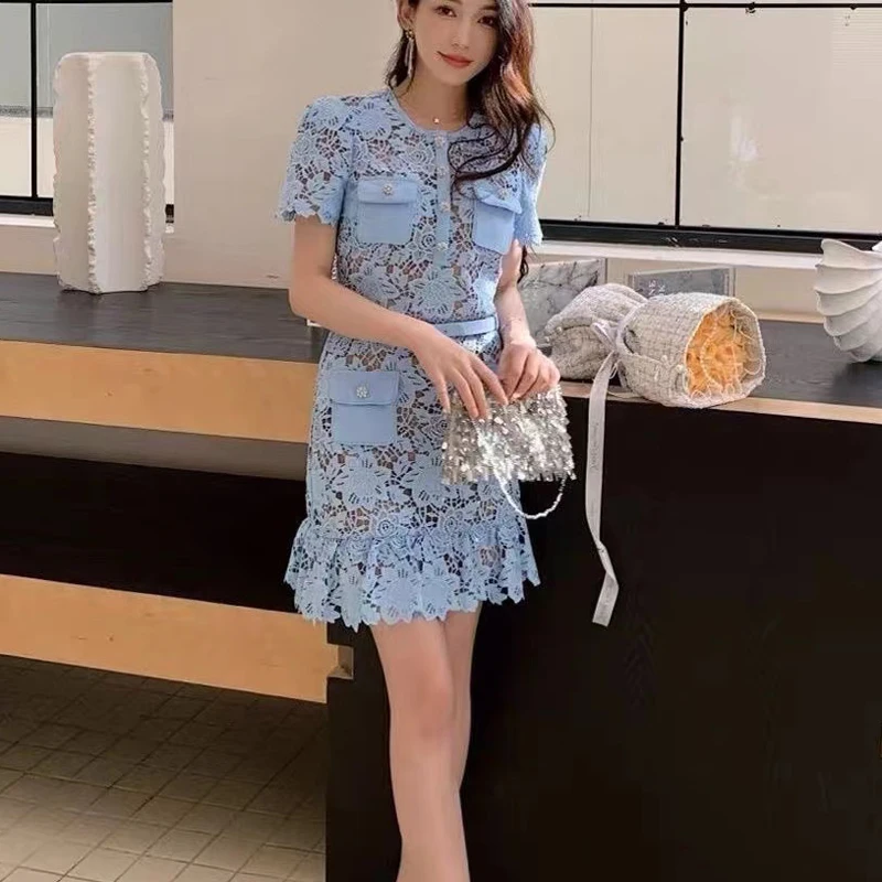 

2024 New Fashion Woman Blue Sexy Dress Hollow Out Embroidery High Waist Short Sleeve Elegant Dress Vestidos