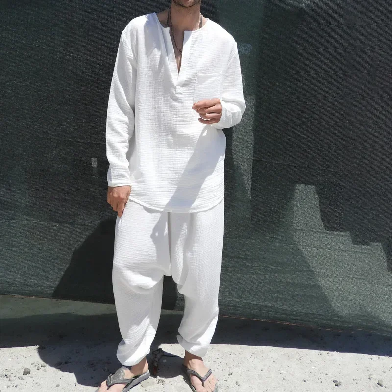 

Spring Autumn New Design Men Solid Color Casual Beach V-Neck T-shirt Long Sleeved Fashion Cotton Linen Shirt Long Pants Set Suit