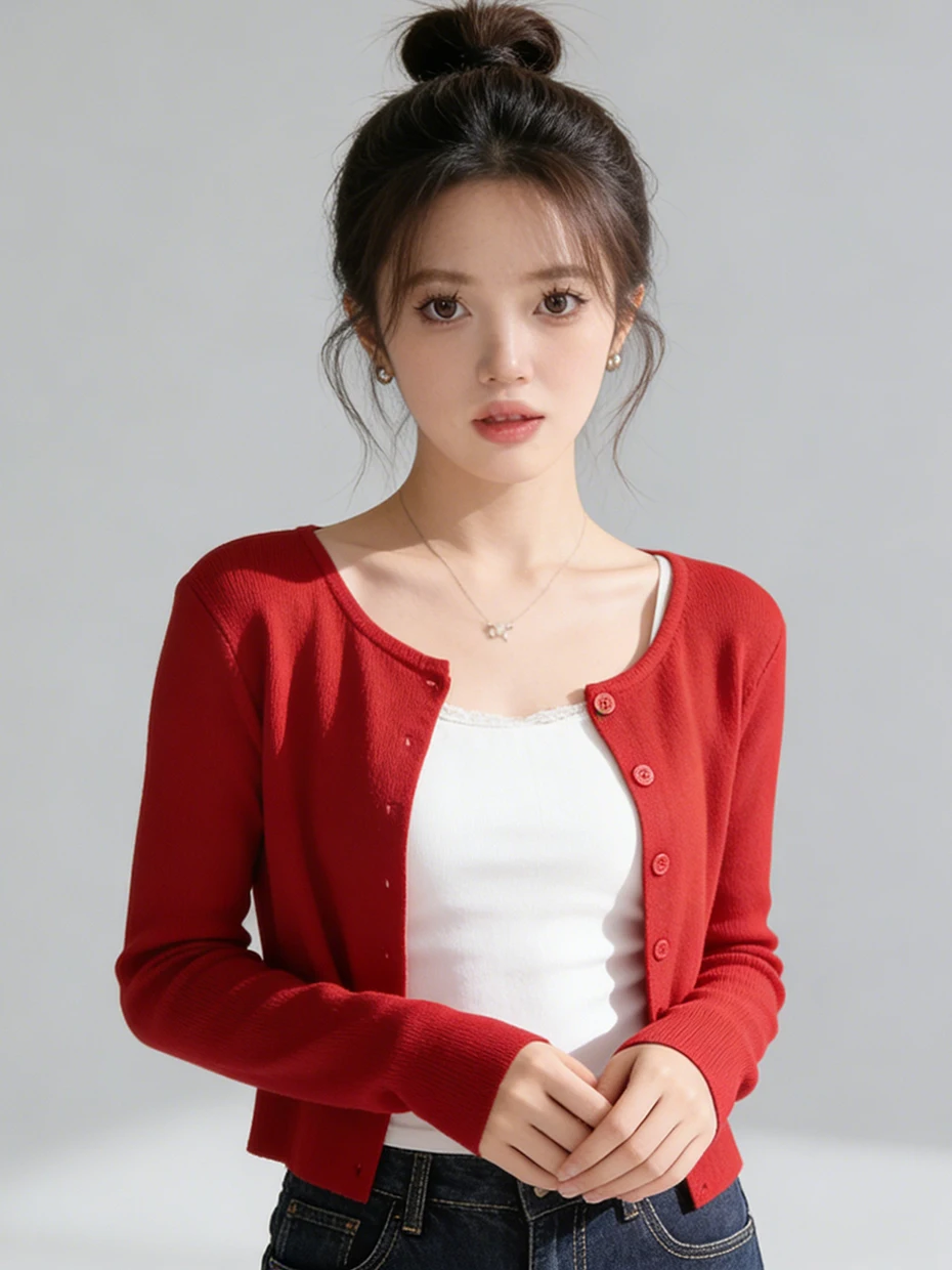 

Ankela Red Knitted Open Cardigan Thin Women's Strap Dress Outer Cover Summer Shawl Small Cannon Shoulder Top Coat
