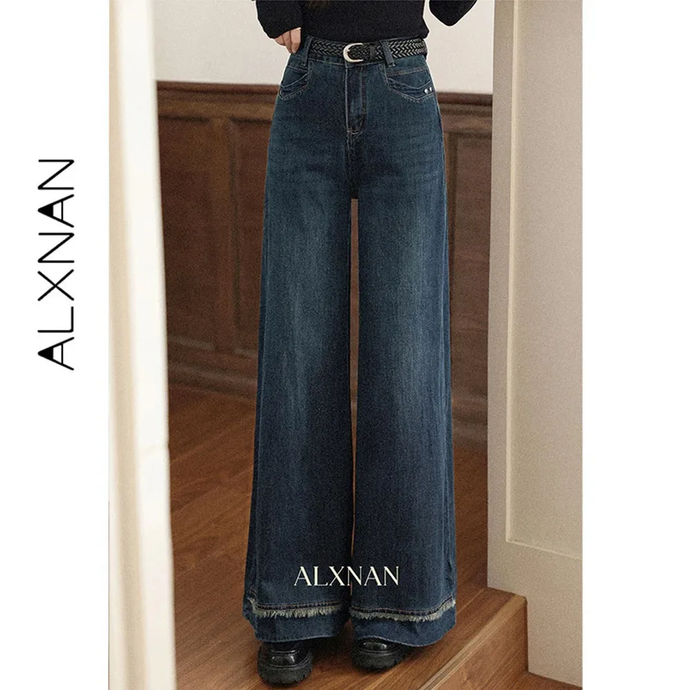 ALXNAN Blue Wide-leg Jeans High-waist Straight Cotton Women's Baggy Jeans 2026 Autumn Vintage Office Lady Denim Pants L57019