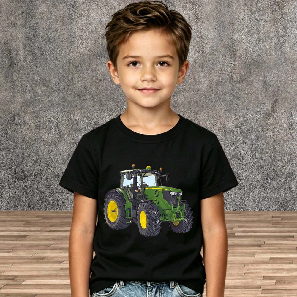 Cotton Boys Tees Cartoon Tractor Print Kids Summer Short Sleeve T-Shirt Children Tops