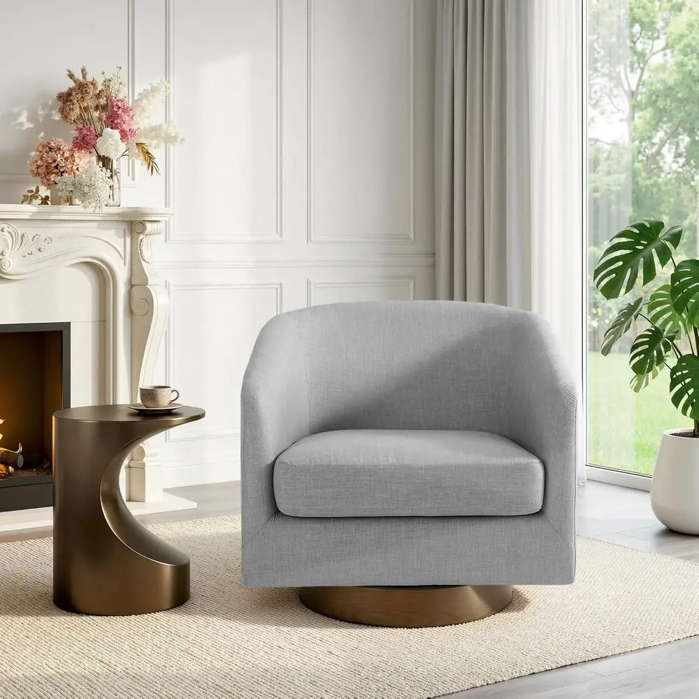 

Light Gray Fabric Swivel Barrel Chair with Wood Base for Living Room and Bedroom Reading