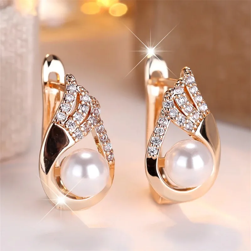 Round Simulated Pearl White Zircon Hoop Earrings for Women Vintage Gold Silver Color Ear Buckle Wedding Jewelry Versatile Gifts