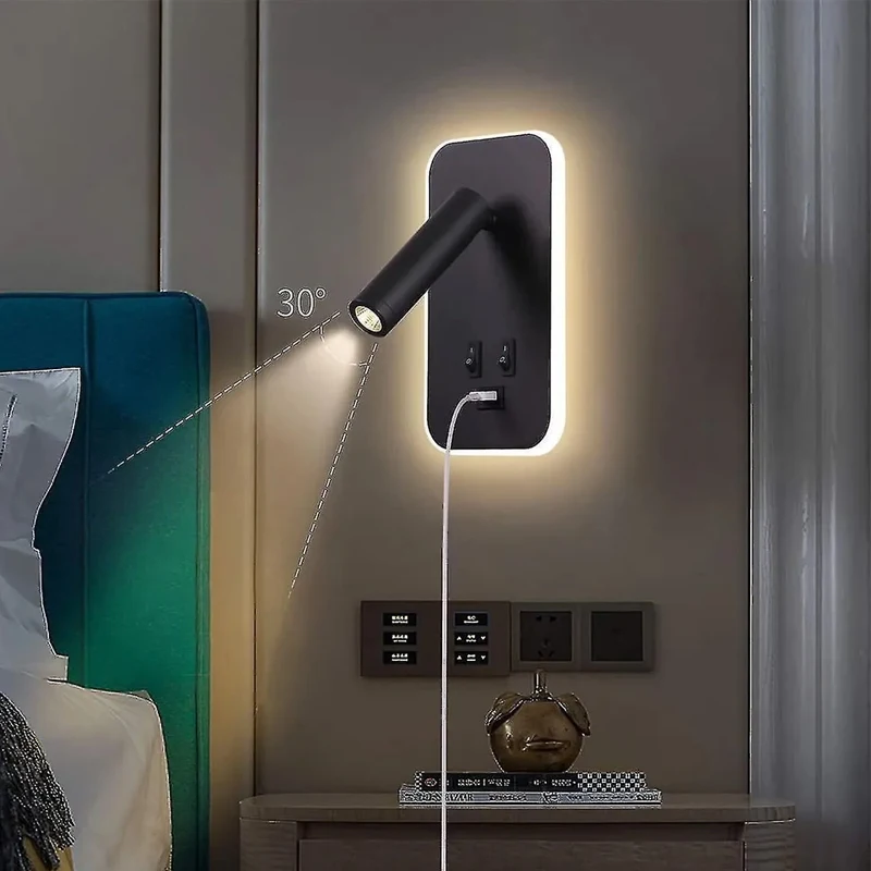 LED Minimalist USB Charging Wall Lamp With Dual Control Switch, Lamp Head Can Rotate 330 ° For Indoor Bedside Corridor Lighting
