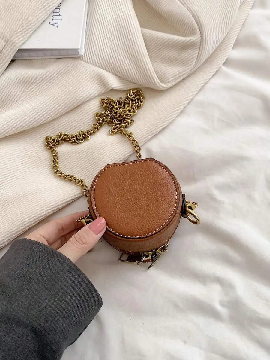Compact Round Leather Coin Pouch For Women With Gold Chain Strap And Keychain Attachment