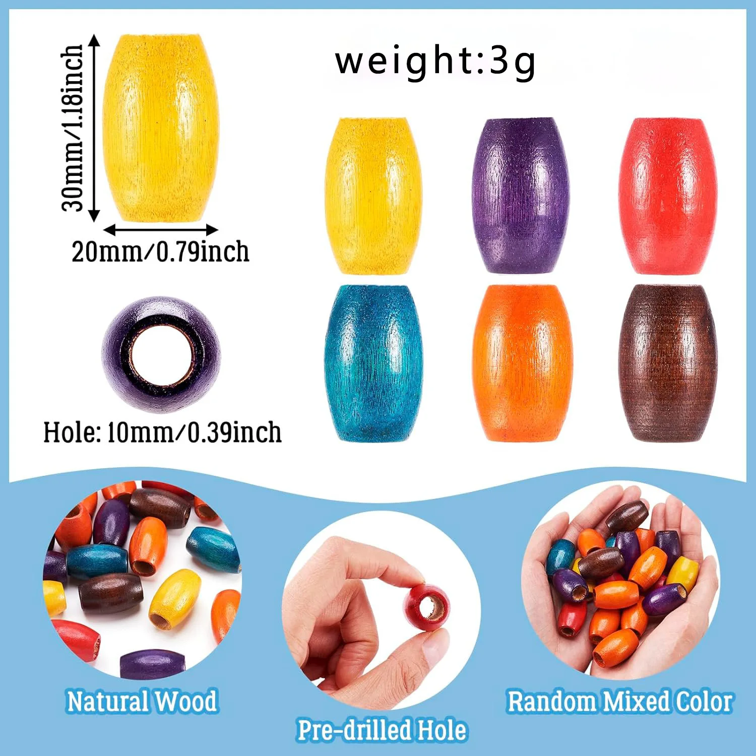 50pcs Large Wooden Spacer Hair Beads Dreadlock Beads Natural Tube Beads with 10mm Hole for Loc Jewelry Dreadlock