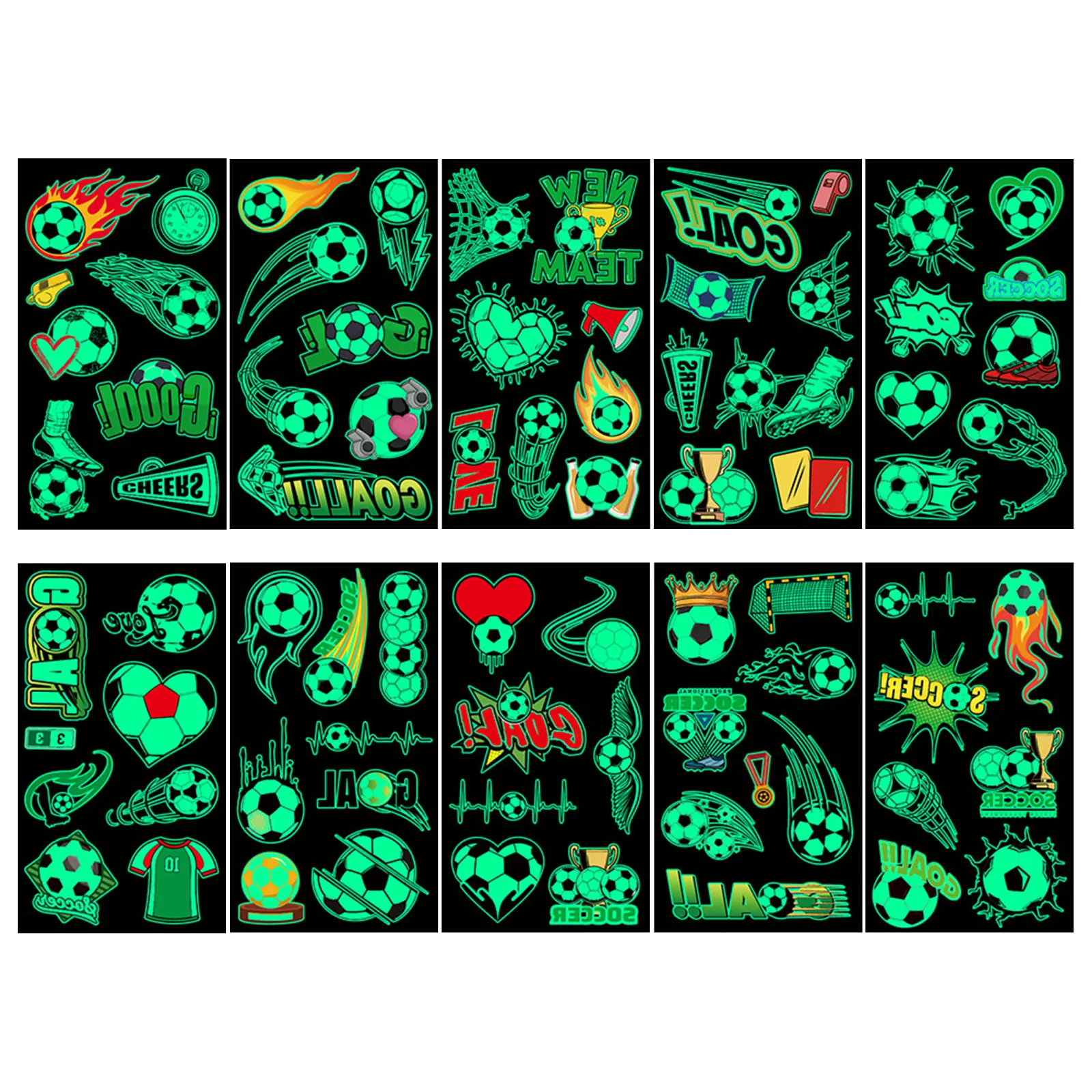 10pcs Glow in the Dark Soccer Themed Stickers Sheet Set Temporary Body Tattoo Stickers Removable Waterproof Vinyl Decals