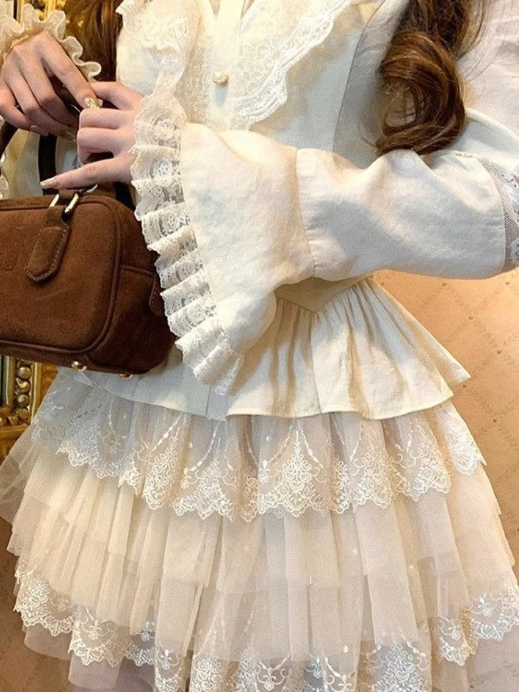 Conjunto Retro elegante francés de dos piezas para mujer, Tops adorables de manga larga + falda de pastel elegante, nuevo diseño, trajes Vintage encantadores, otoño 2025