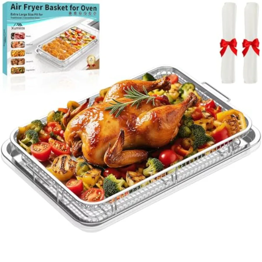 

Большая корзина для аэрофритюрницы, подходит для духовки, 18,7x12,8 дюйма, из нержавеющей стали, поднос для жарки и корзина для жарки, подходит для целой курицы, профессиональная аэрофритюрница для духовки