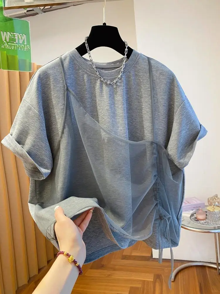 Fashion T Shirt Women Design Sense Niche T-shirt Loose Casual Stitching Vest Short Sleeve Tshirt Fake Two Piece