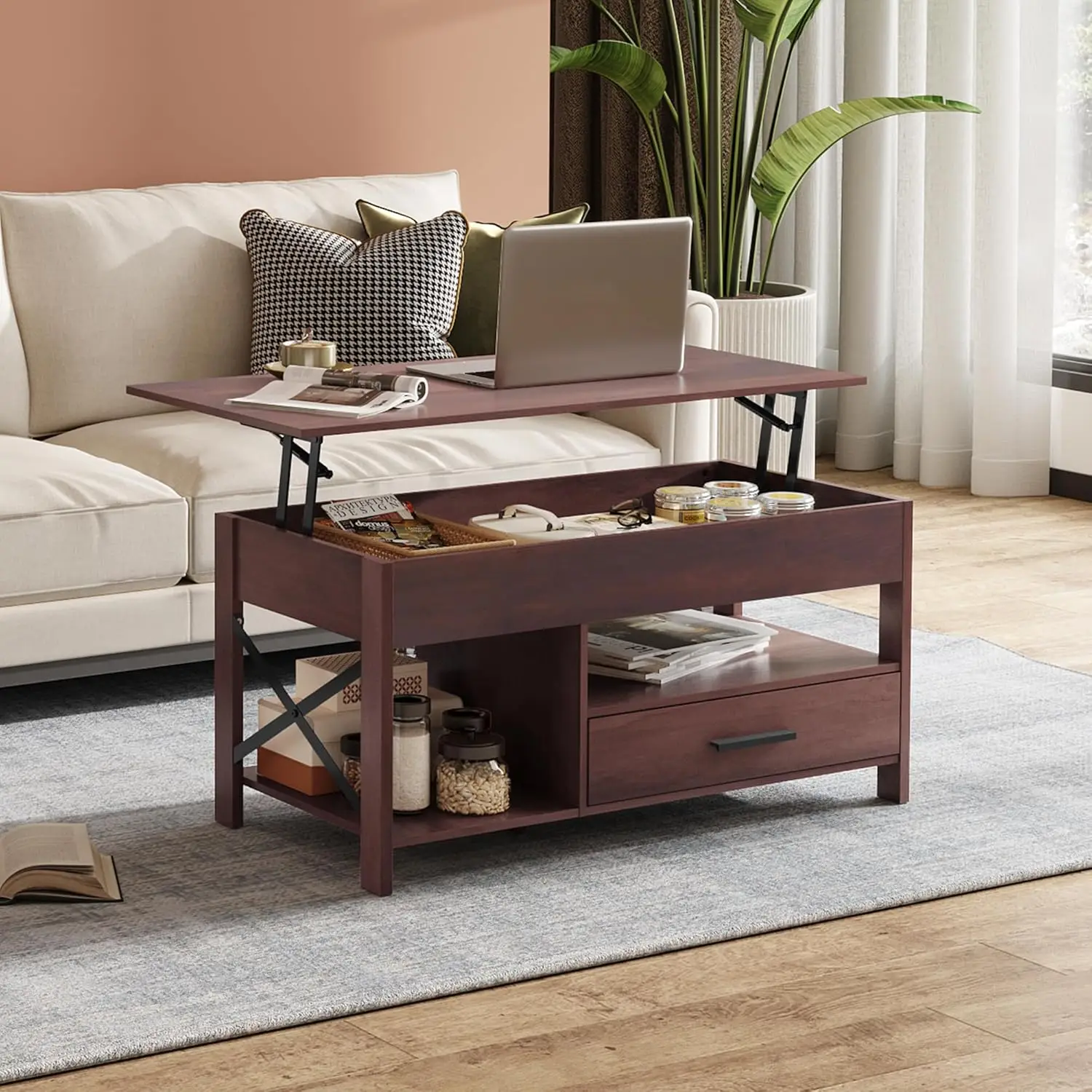 طاولة قهوة، طاولة قهوة قابلة للرفع مقاس 39 بوصة مع حجرة مخفية وأدراج تخزين ورف تخزين لغرفة المعيشة والاستقبال Ro #2