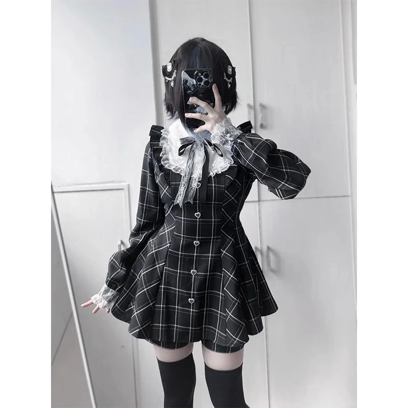 Japanese Style Mining Subculture Bow Ruffle Lace Splicing Slim Long Sleeve Dress and Shorts Set Two-piece Female Lolita Outifits