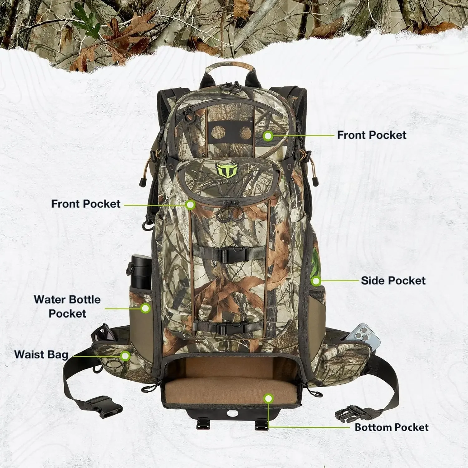 Hunting Backpack 3400cu, Silent Frame Hunting Pack for Bow/Rifle/Pistol(Next Camo G2)