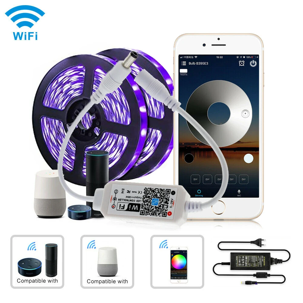 WIFI APP control 12V UV Ultraviolet 395-405nm led strip black light 5050 tape lamp DJ Fluorescence For Alexa power adapter