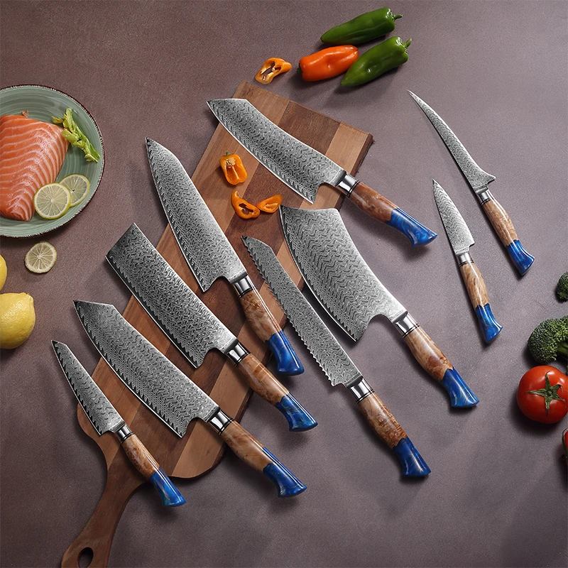 TJ POP 1-9 Pcs Kitchen Knives Set Damascus Steel Chef knife set Blue Resin Handle Fruit Utility Santoku Kiritsuke Boning Cleaver