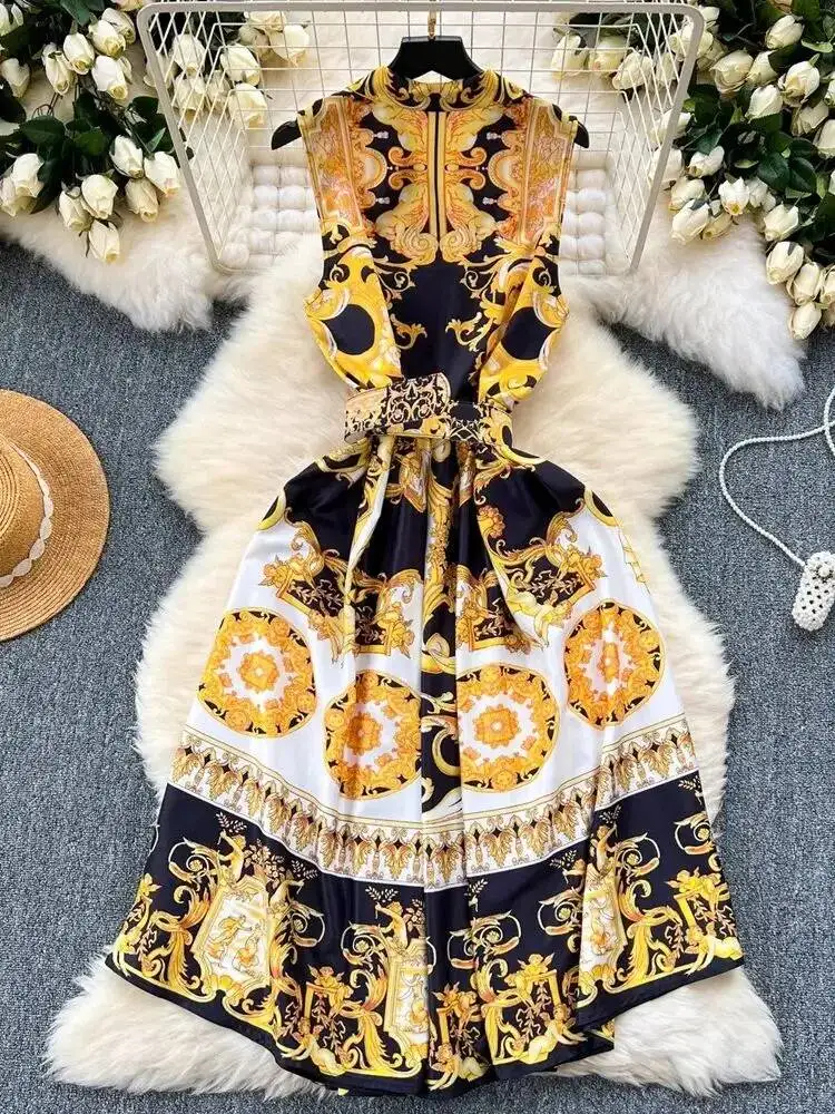 JAMERARY แฟชั่นฤดูร้อน Holiday ดอกไม้ Midi เสื้อผู้หญิงแขนกุด Baroque พิมพ์เข็มขัดยาว Vintage Party Vestidos