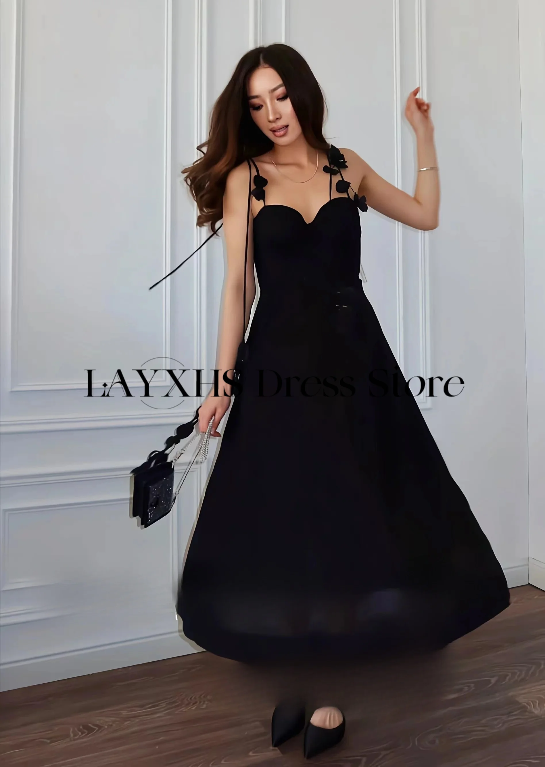 Gaun Malam Tali Spaghetti Bunga 3D Elegan Gaun Prom Satin Sayang Garis A Gaun Pesta Formal Panjang Teh Disesuaikan