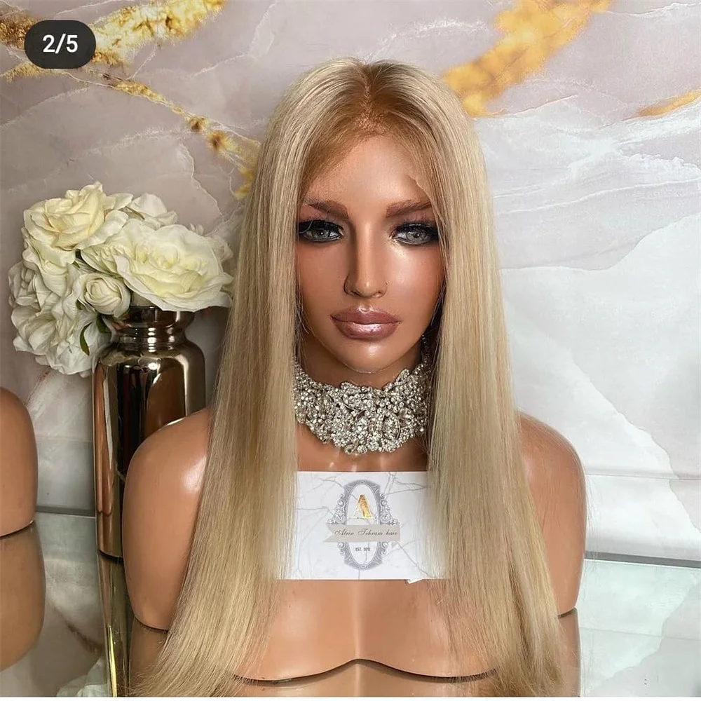 Parrucca anteriore in pizzo 13X4 parrucche sintetiche per donna parrucca da festa quotidiana lunga diritta bionda chiara frontale senza colla con linea sottile naturale