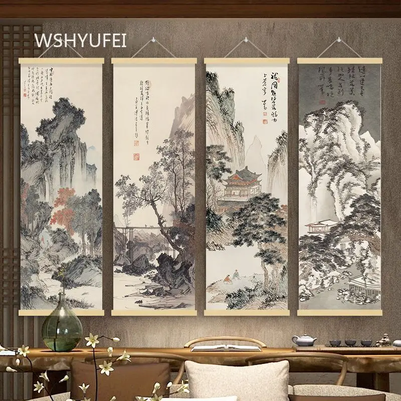Single Chinese Vintage Ink Landscape Painting Hanging Scroll with Calligraphy Wall Art for Home Living Room Office Decor