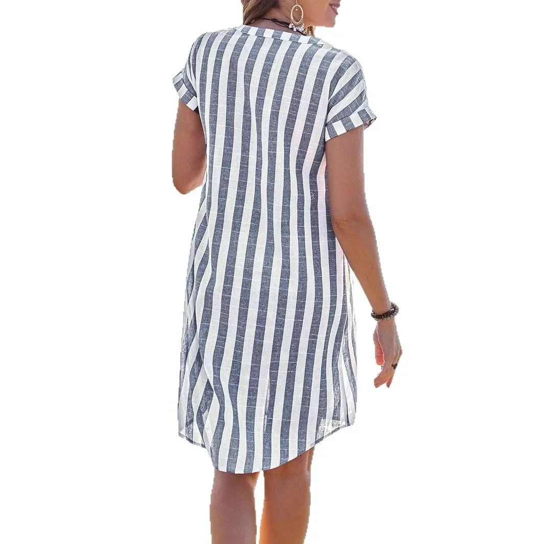 Damska letnia sukienka koszulowa z jednym rzędem guzików, krótka, luźna, codzienna, z temperamentem, w paski, mini sukienka koszulowa, vestido.